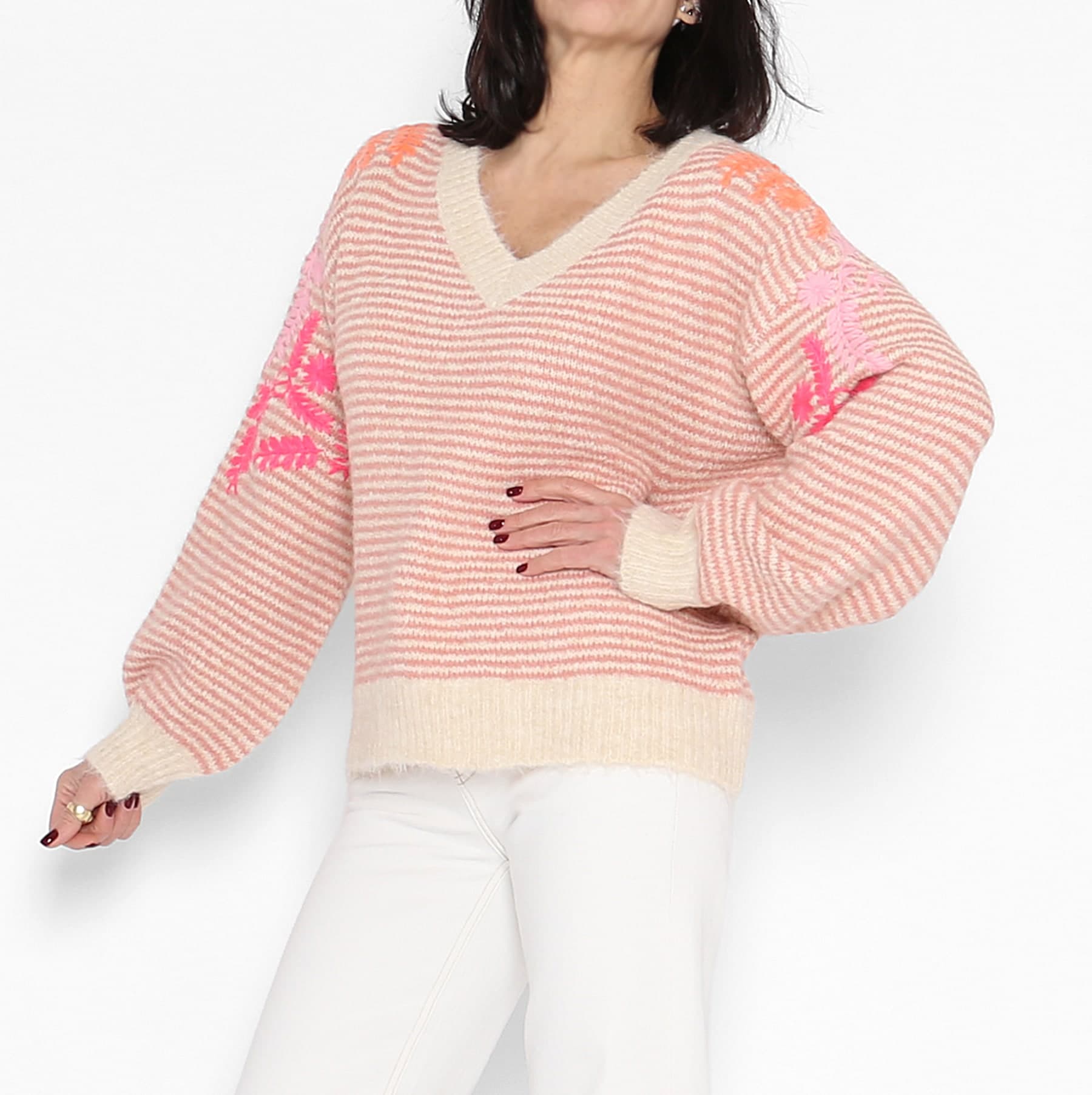 Jersey Bordados Rosa - Crema